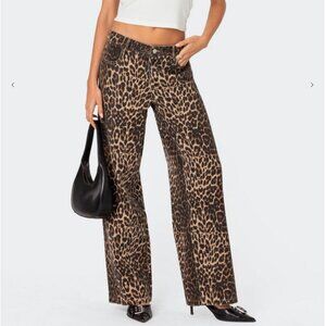 Edikted L Leopard Print Cotton Straight/Wide Leg Relaxed Fit Chic Denim Pants